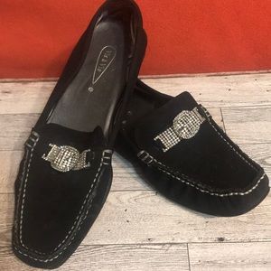 Black suede loafers w crystal buckle